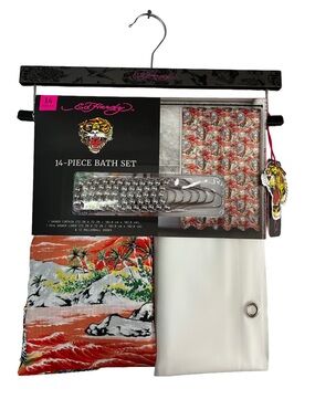 Ed Hardy NWT 14pc Tropical Tattoo Shower Curtain Set Palm Tree Tiger